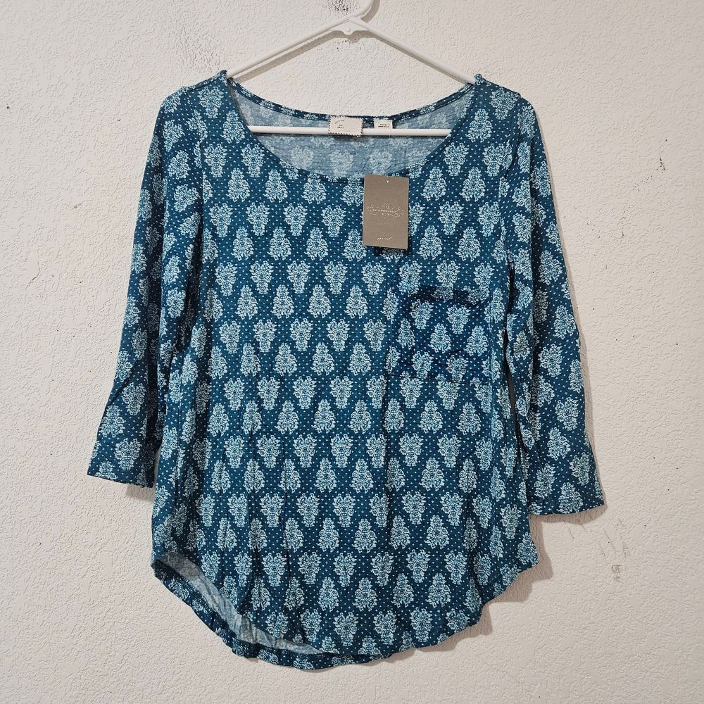 Anthropologie Postmark Blue Floral Damask 3/4 Sleeve Top